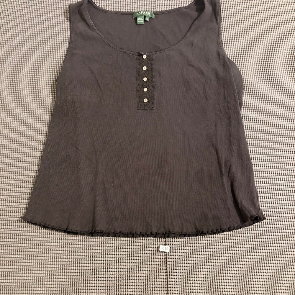 Lauren Ralph Lauren Womens 3X Brown Ribbed Cotton Henley Tank Top Lettuce Edge